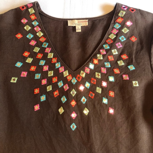 Choices Brown Linen Embellished 3/4 Sleeve Tunic Size S - Picture 5 of 9